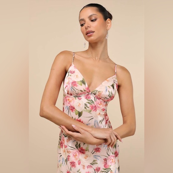 Lulus Alaia Blush Multi Floral Satin Backless Midi Dress Pink Size Medium NWT - Picture 2 of 14